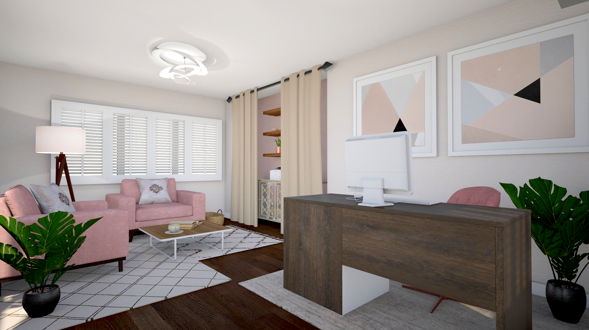 3D rendering of a modern pink office