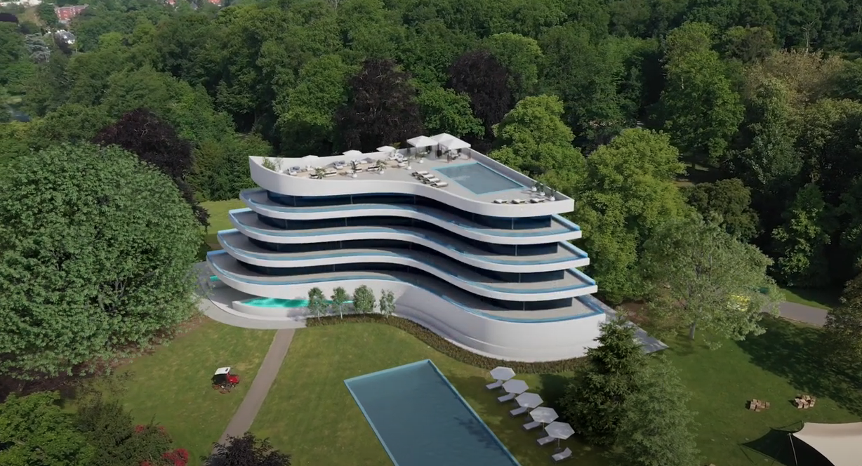 3D rendering of a CGI building in a real surrounding