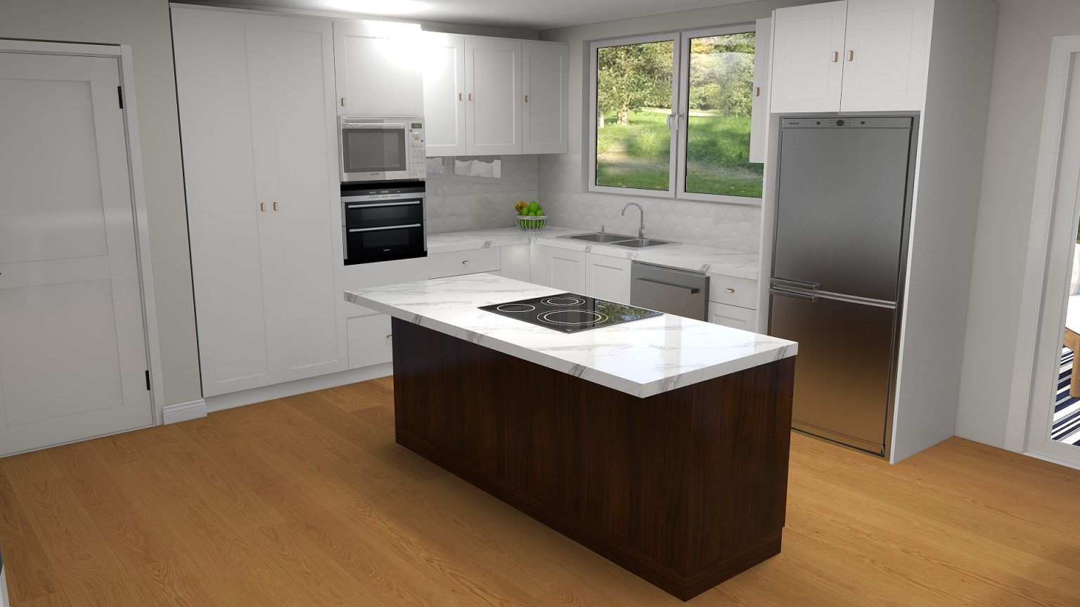 Wood and white Kitchen- 3D rendering- option 1